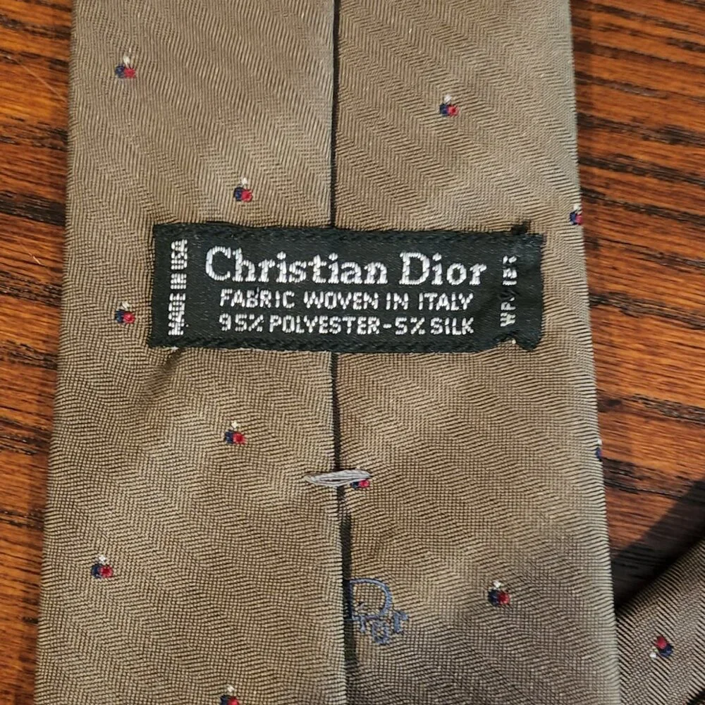 Vintage Christian Dior Logo Men’s Tie Taupe w/ White Diamond Dot Blue Dash Marks - Picture 3 of 5
